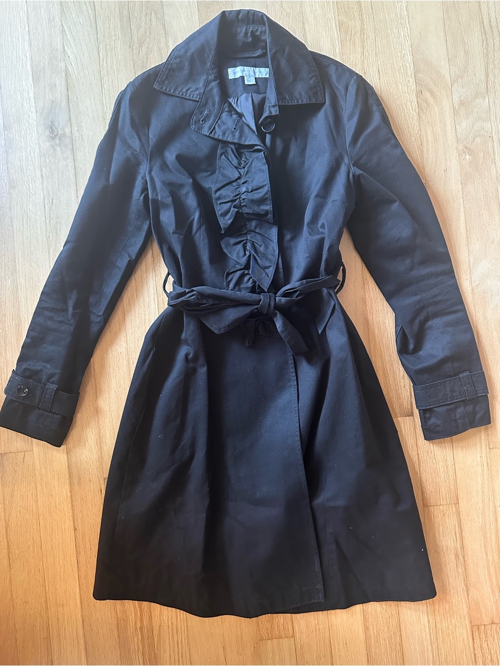 New York & Company Black Ruffle-Front Trench Coat with Waist Tie Sz xs